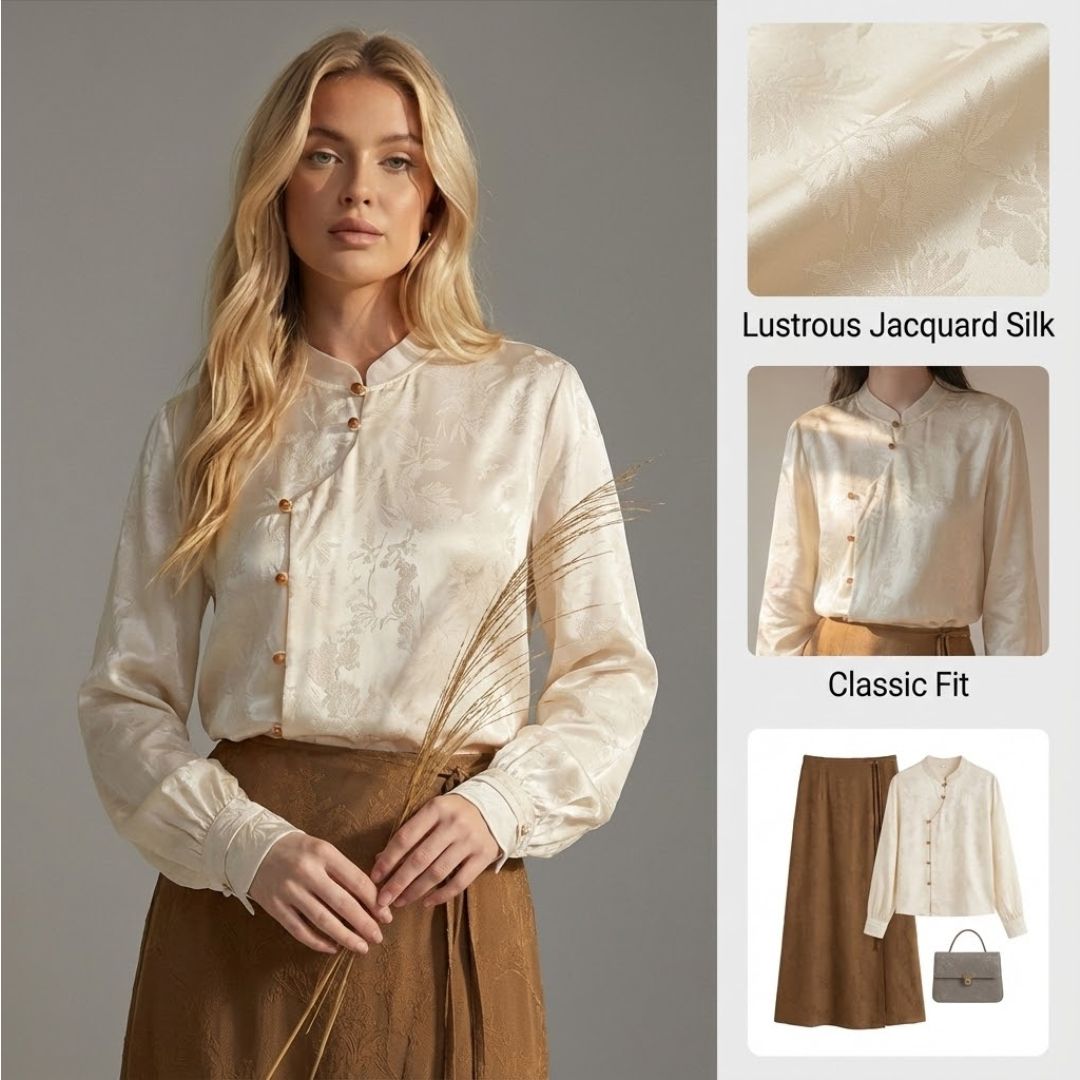 Ceylan Women's Satin Jacquard Blouse Mandarin Collar Top