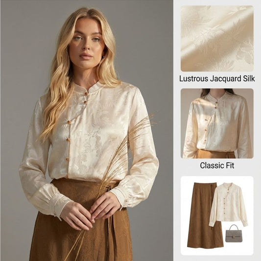 Ceylan Women's Satin Jacquard Blouse Mandarin Collar Top