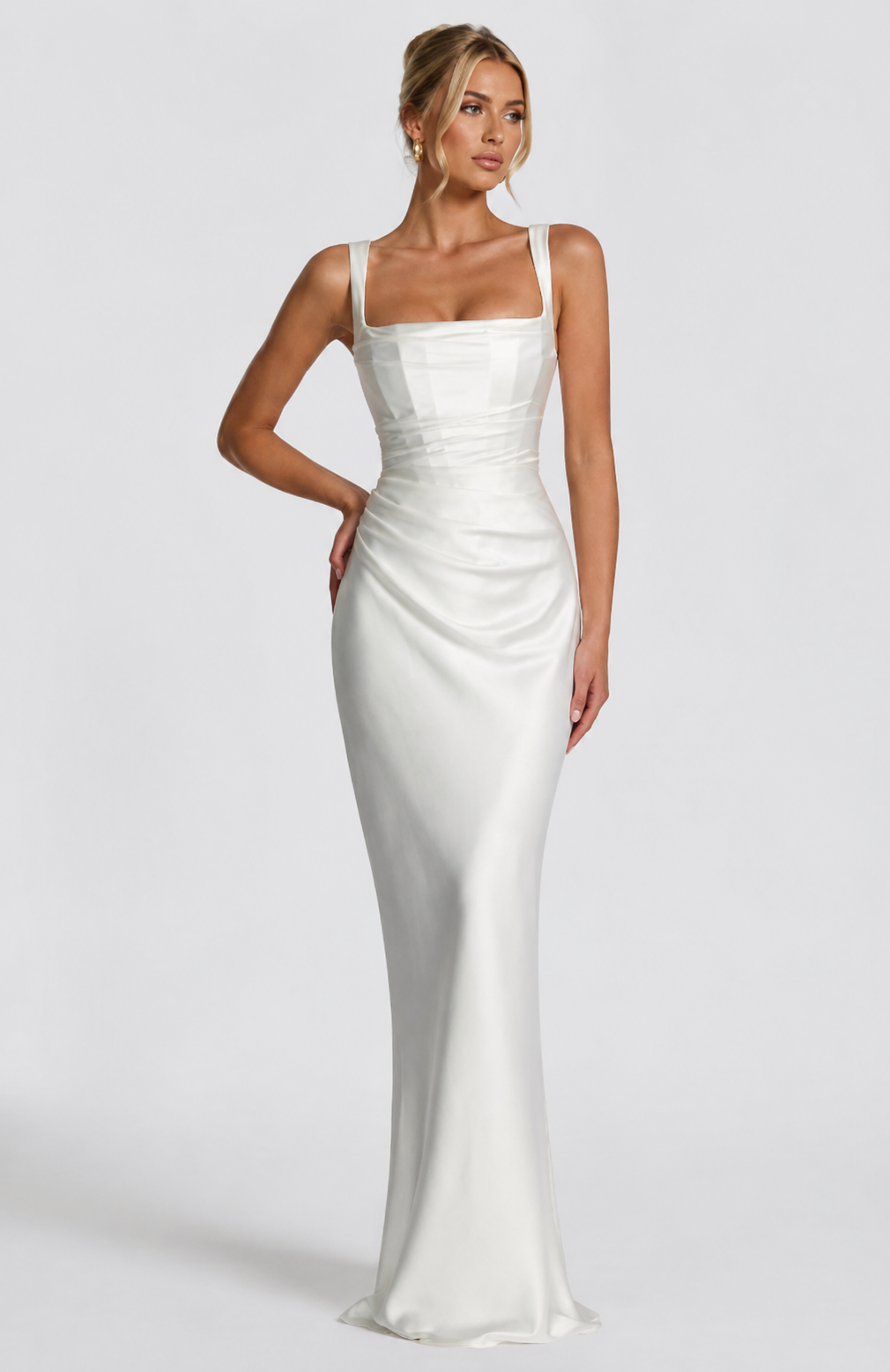 Women's Satin Maxi Dress with Square Neckline and Tie-Back for Evening Elegance
