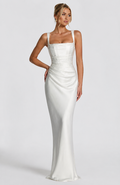 Women's Satin Maxi Dress with Square Neckline and Tie-Back for Evening Elegance
