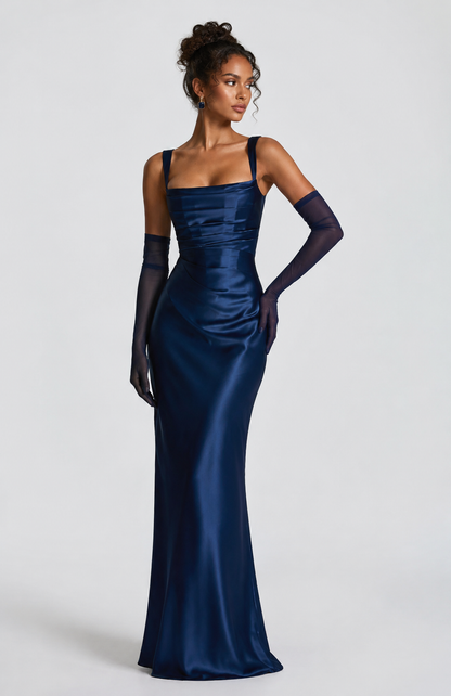 Women's Satin Maxi Dress with Square Neckline and Tie-Back for Evening Elegance