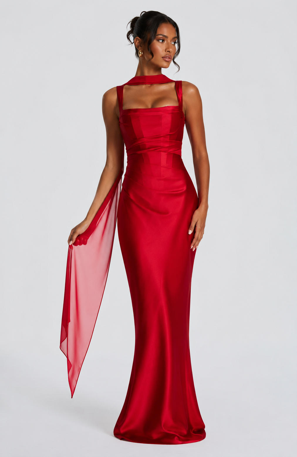 Women's Satin Maxi Dress with Square Neckline and Tie-Back for Evening Elegance