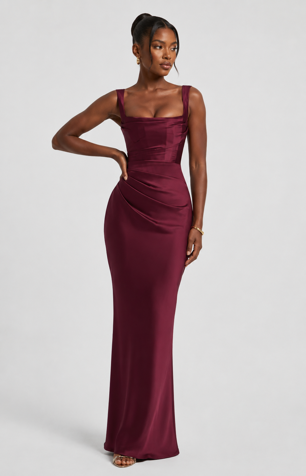 Women's Satin Maxi Dress with Square Neckline and Tie-Back for Evening Elegance