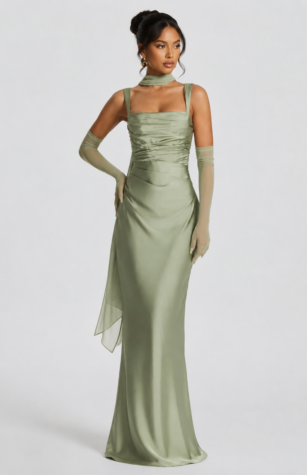 Women's Satin Maxi Dress with Square Neckline and Tie-Back for Evening Elegance