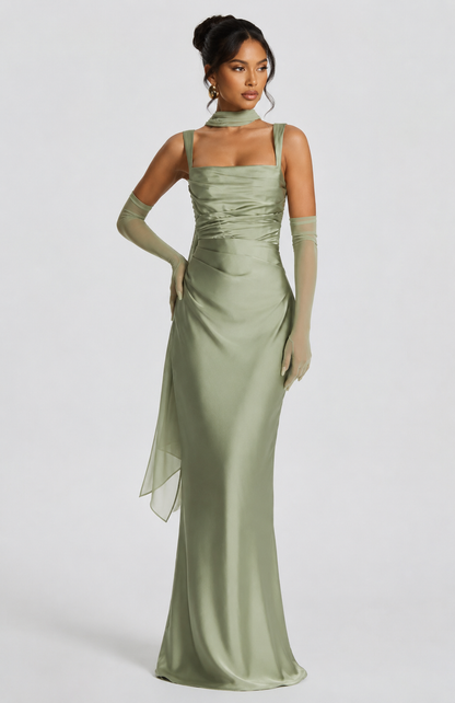 Women's Satin Maxi Dress with Square Neckline and Tie-Back for Evening Elegance