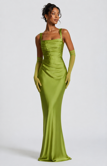 Women's Satin Maxi Dress with Square Neckline and Tie-Back for Evening Elegance