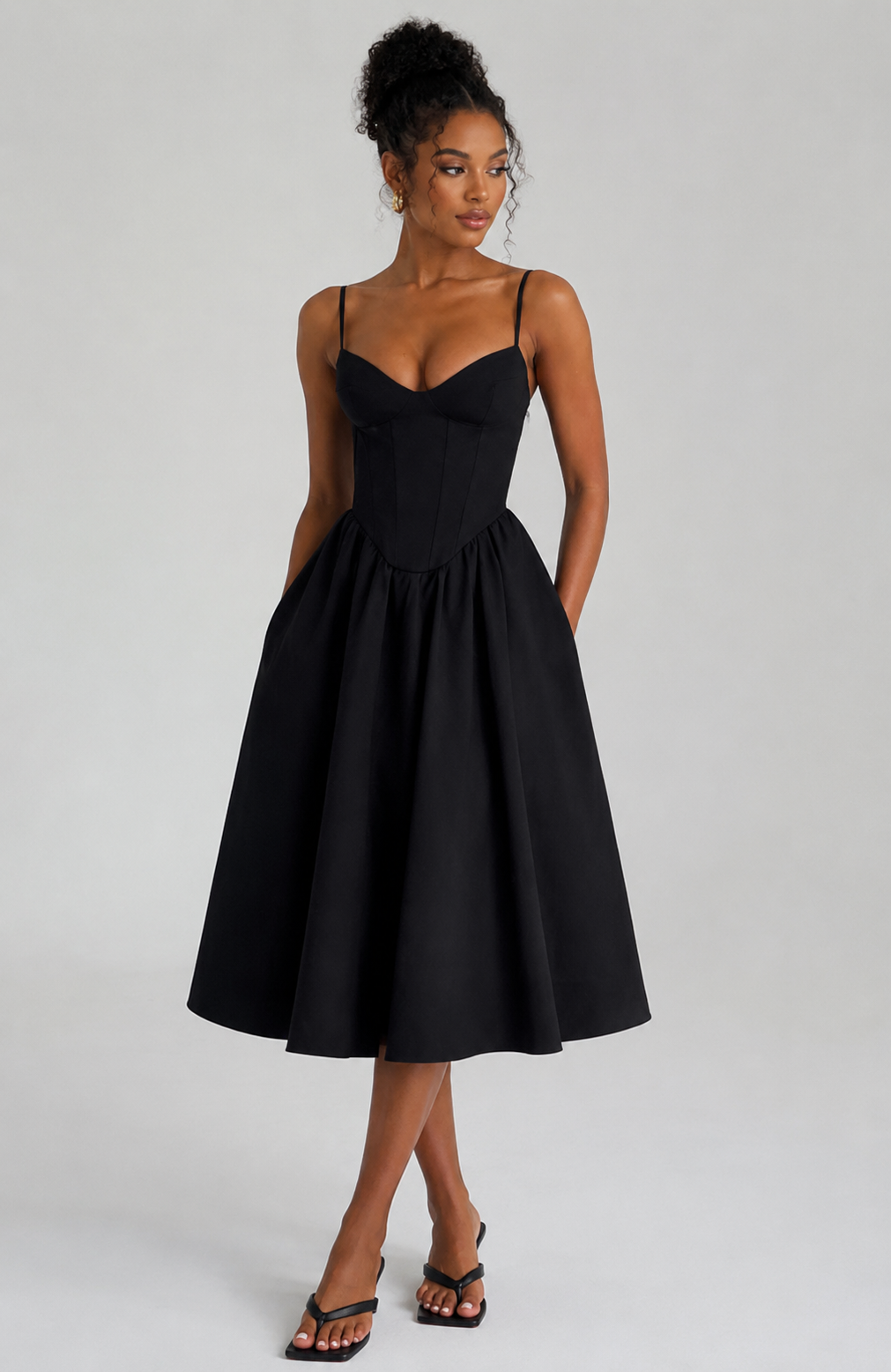Women's Asymmetric Split Midi Dress with Architectural Neckline for Effortless Elegance