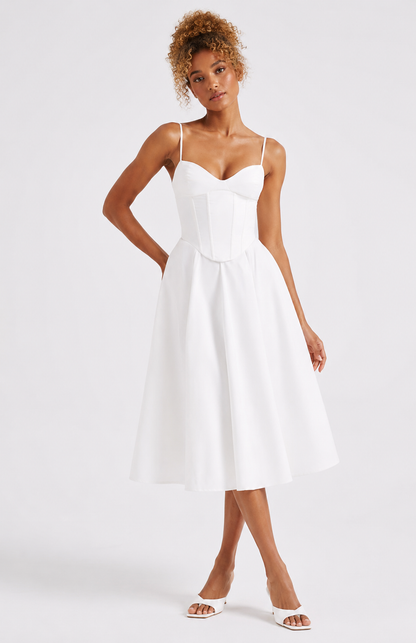 Women's Asymmetric Split Midi Dress with Architectural Neckline for Effortless Elegance