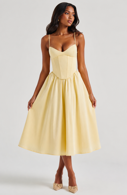 Women's Asymmetric Split Midi Dress with Architectural Neckline for Effortless Elegance