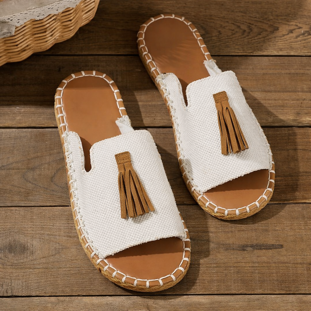 Women’s Flat Sandals with Vintage Tassel Detail and Woven Espadrille Sole
