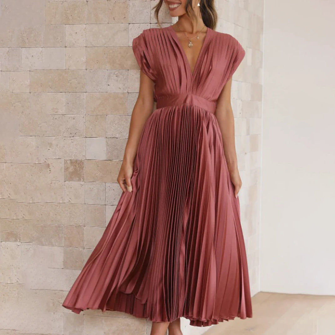 Women’s Pleated Midi Dress Deep V-Neck Cap Sleeve Wedding Guest Gown