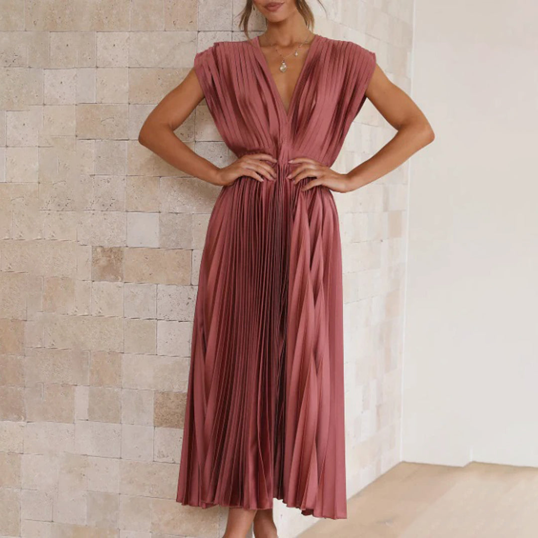 Women’s Pleated Midi Dress Deep V-Neck Cap Sleeve Wedding Guest Gown