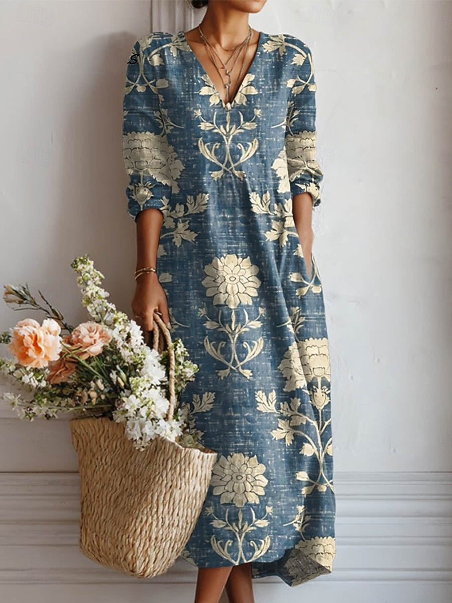 Women’s Maxi Dress with Open Split Neck and Functional Side Pockets