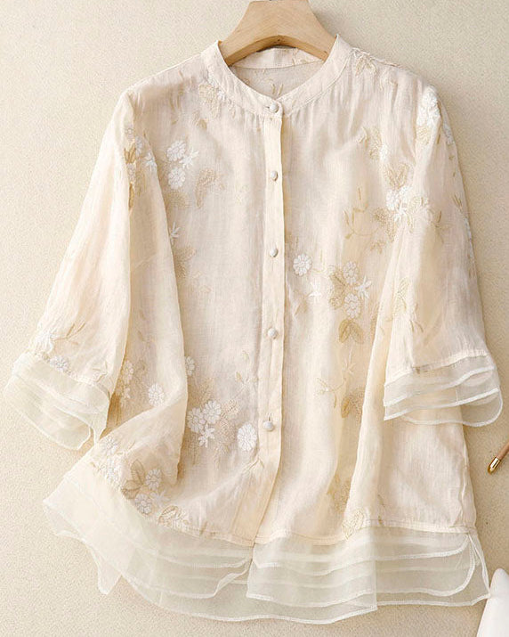 Women’s Blouse with Mandarin Collar and Artisanal Floral Embroidery