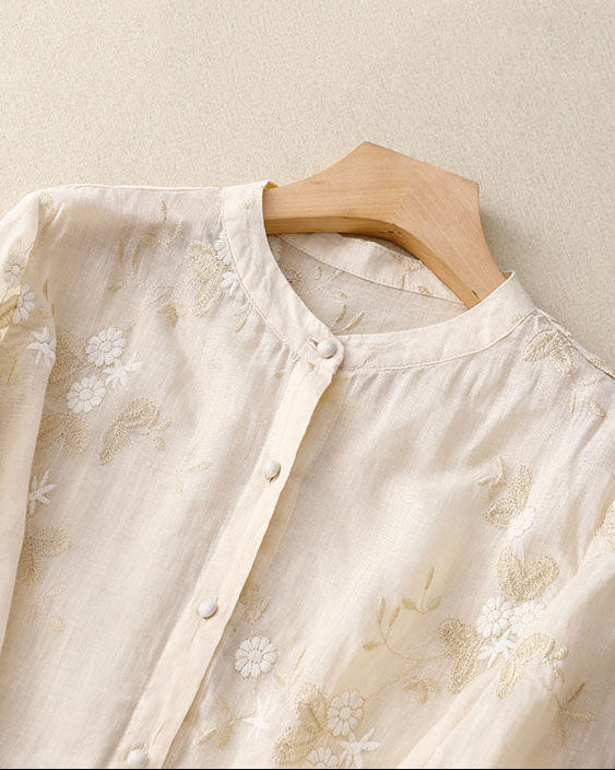 Women’s Blouse with Mandarin Collar and Artisanal Floral Embroidery