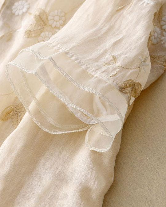 Women’s Blouse with Mandarin Collar and Artisanal Floral Embroidery