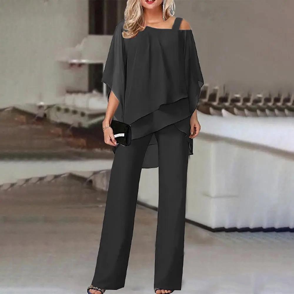 Women's Cold Shoulder Jumpsuit with Asymmetric Layered Wide Leg Silhouette