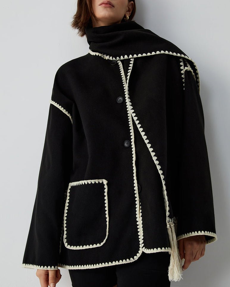 Women's Oversized Cape Coat with Fringe Trim and Contrast Stitching