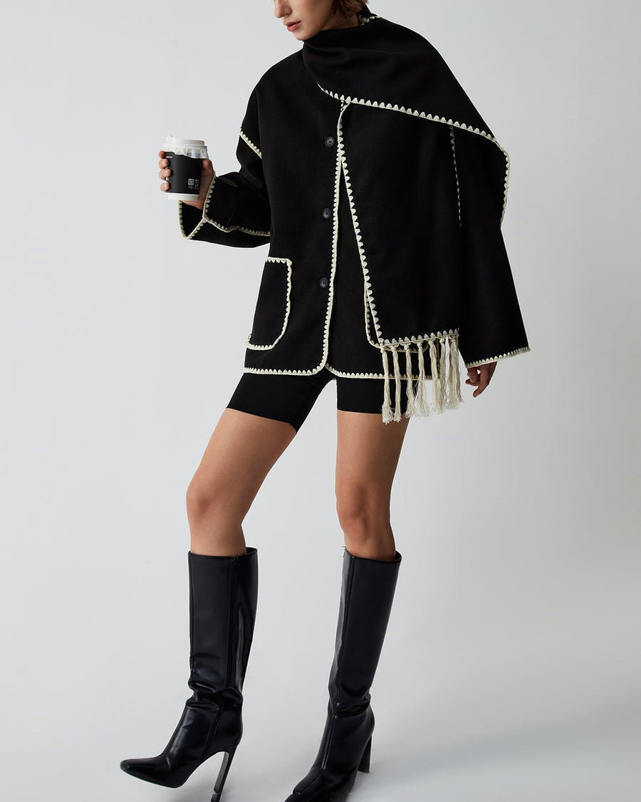 Women's Oversized Cape Coat with Fringe Trim and Contrast Stitching