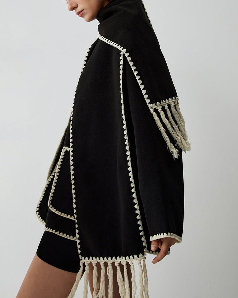 Women's Oversized Cape Coat with Fringe Trim and Contrast Stitching