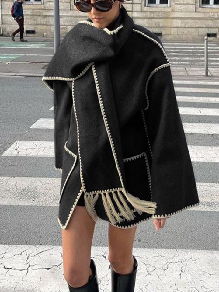 Women's Oversized Cape Coat with Fringe Trim and Contrast Stitching