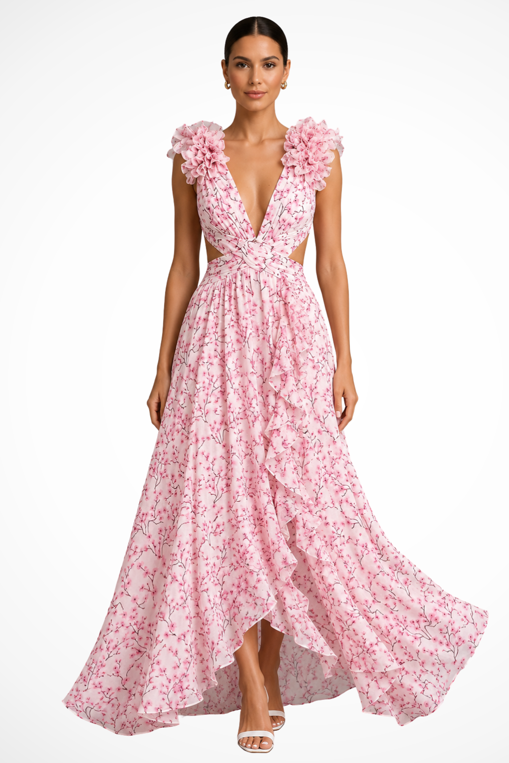 Women's V Neck Floral Ruffle Wedding Guest Maxi Dress