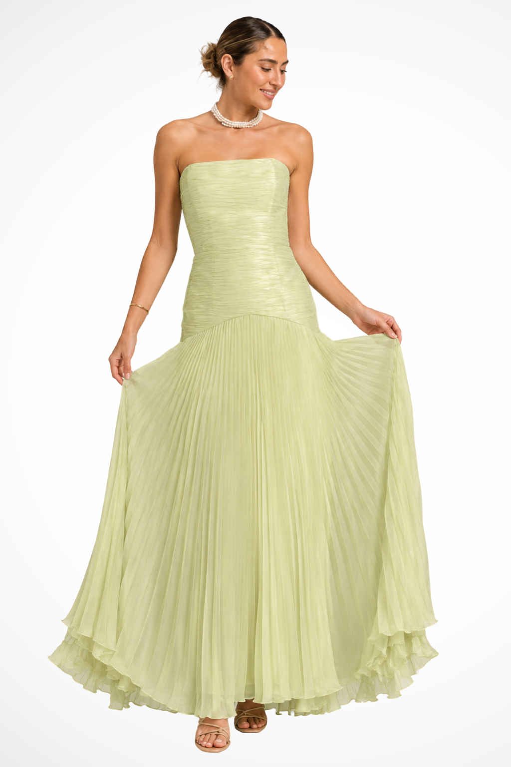 Women Strapless Pleated Drop Waist Wedding Guest Maxi Dress