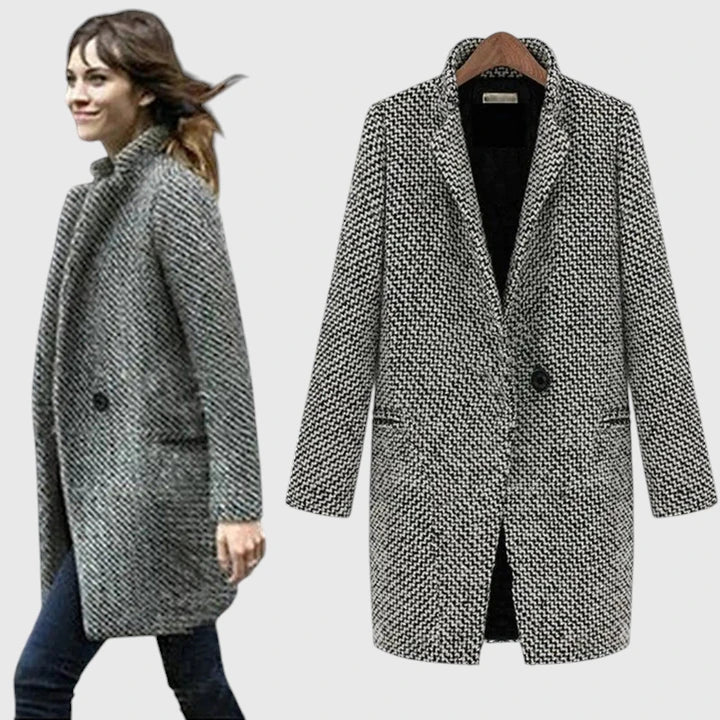 Women's Houndstooth Double-Breasted Long Coat