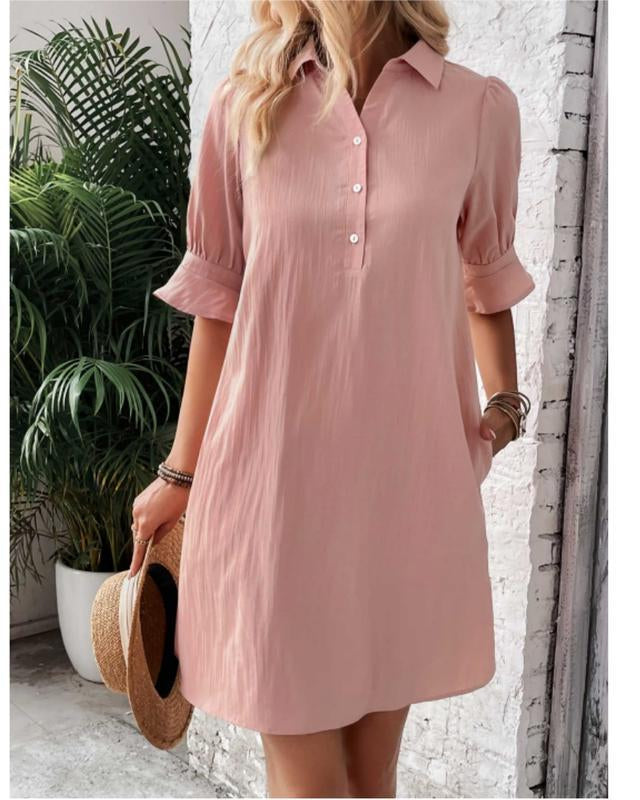 Women’s Shirt Dress 3/4 Sleeve Knee Length Button Down Shift with Pockets