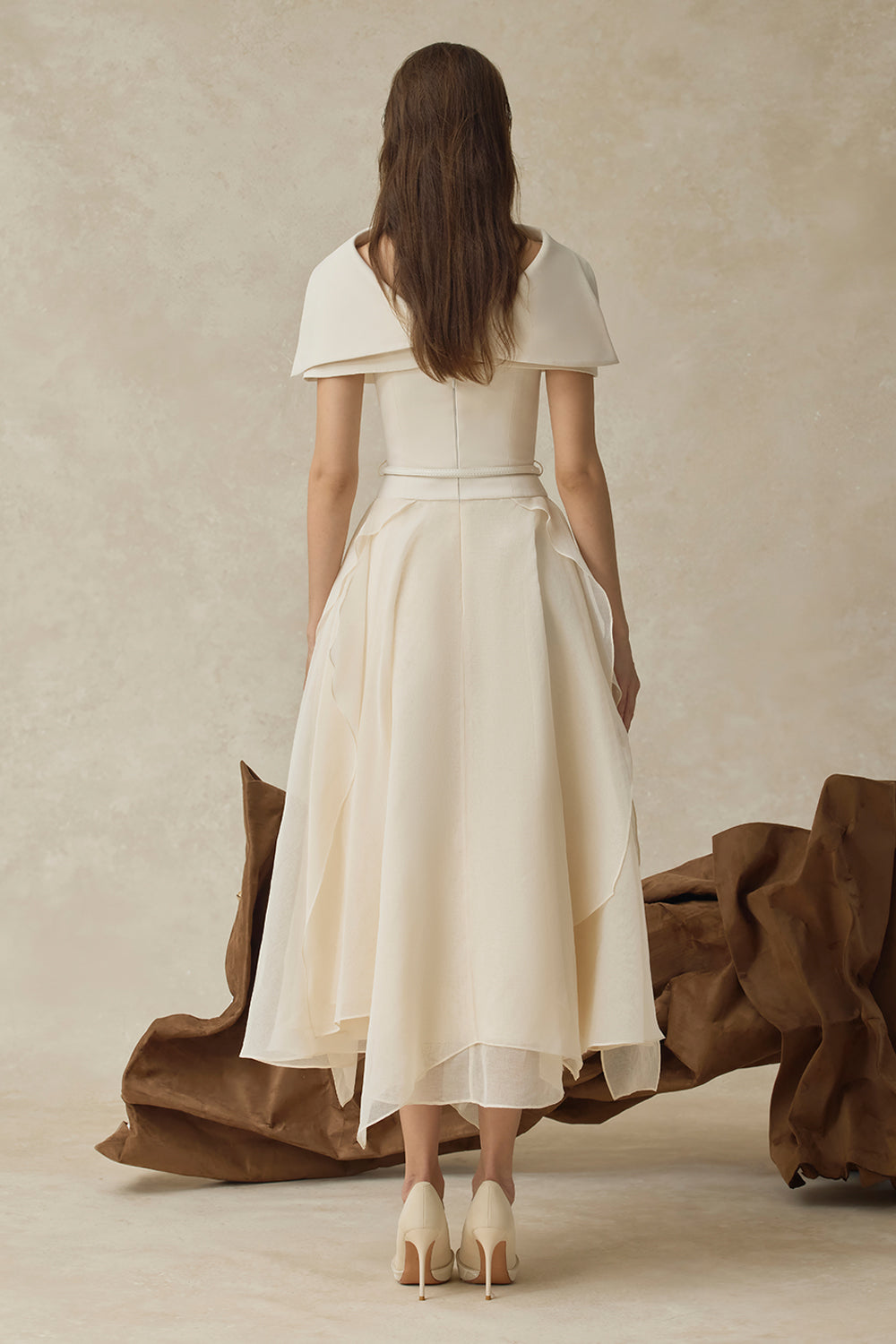 Women’s Cape Sleeve Midi Dress with Asymmetric Ruffle Hem