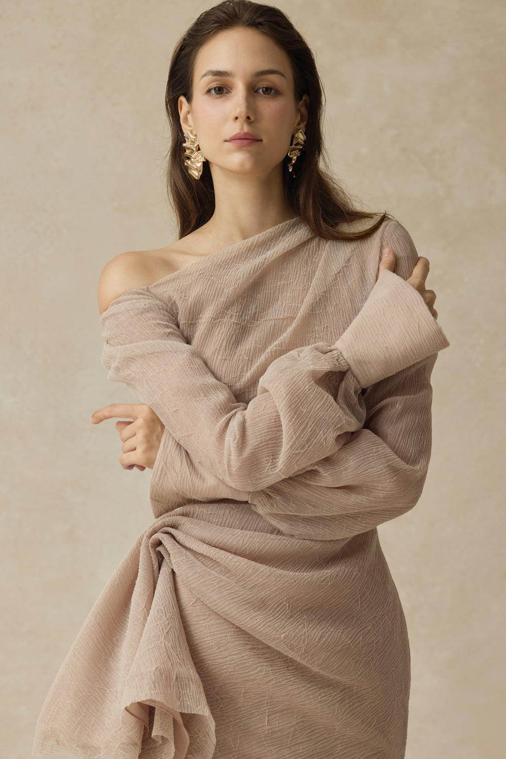 Women’s Asymmetric Draped Midi Dress with Ruched Long Sleeves