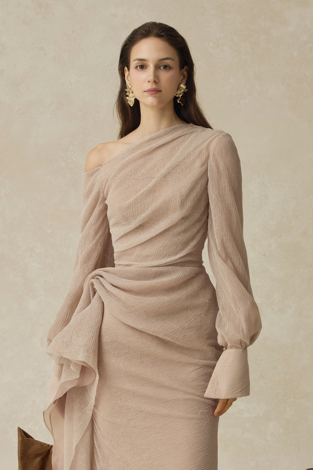 Women’s Asymmetric Draped Midi Dress with Ruched Long Sleeves