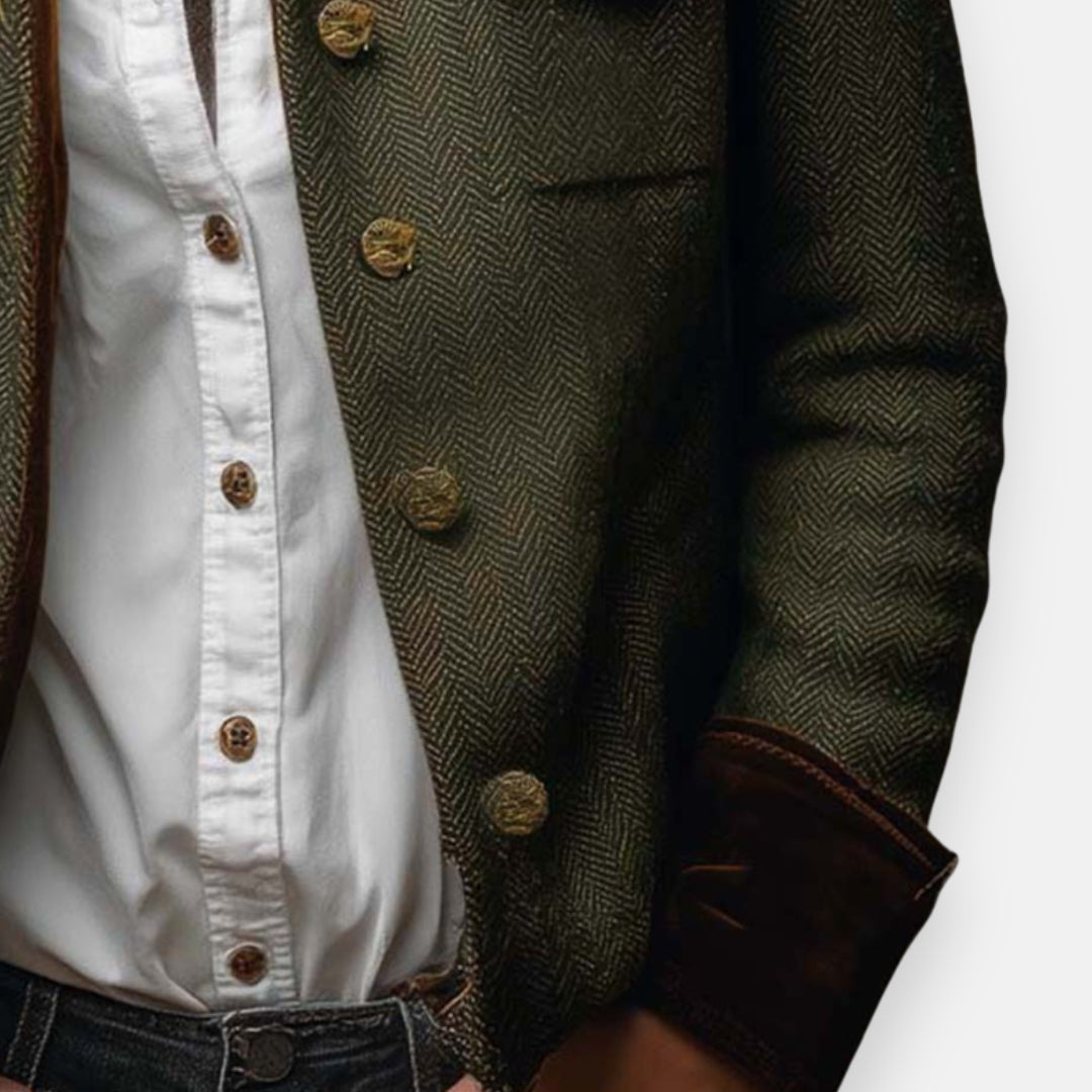 Women's Herringbone Tweed Jacket With Leather Cuff Trim
