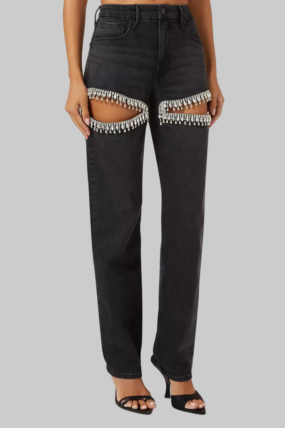 Women’s High Waisted Straight Leg Jeans with Rhinestone Cutout Detailing