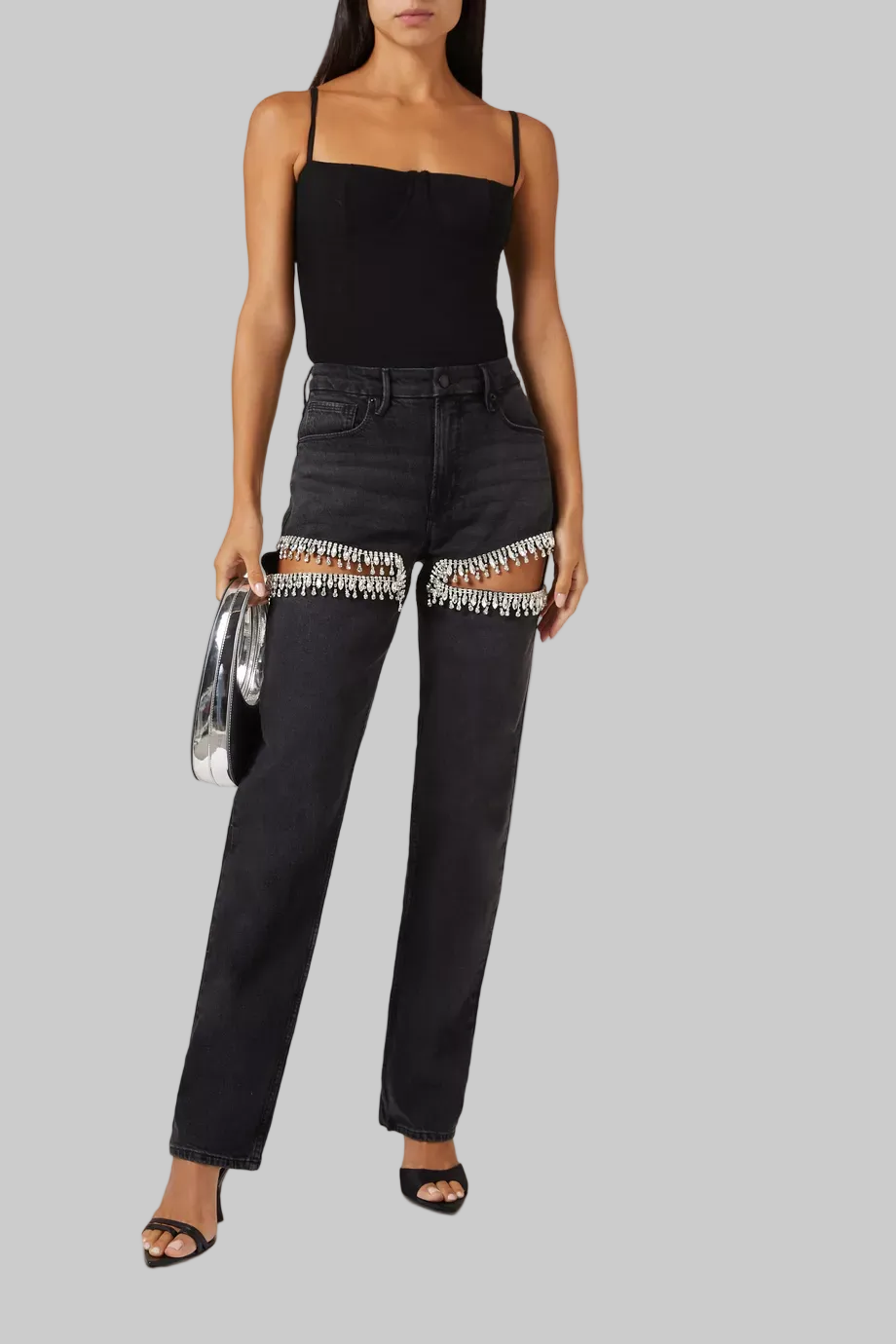 Women’s High Waisted Straight Leg Jeans with Rhinestone Cutout Detailing