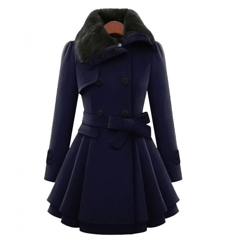 Women's Double-Breasted Belted Coat with Flared Hem