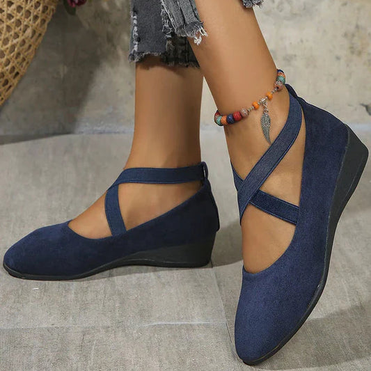 Women’s Mary Jane Flats with Cross Strap and Low Wedge Sole