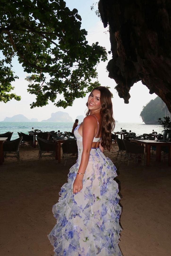 Women’s Floral Maxi Dress Corset Bodice Ruffle Skirt Wedding Guest Gown