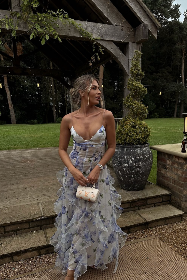 Women’s Floral Maxi Dress Corset Bodice Ruffle Skirt Wedding Guest Gown