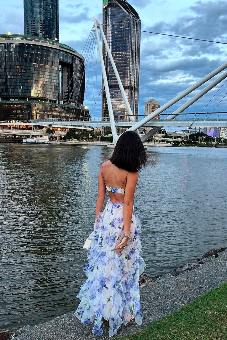 Women’s Floral Maxi Dress Corset Bodice Ruffle Skirt Wedding Guest Gown