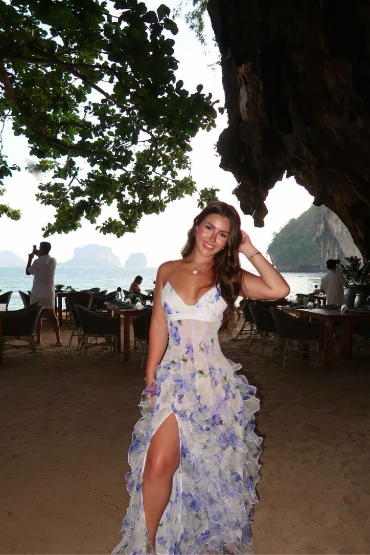 Women’s Floral Maxi Dress Corset Bodice Ruffle Skirt Wedding Guest Gown