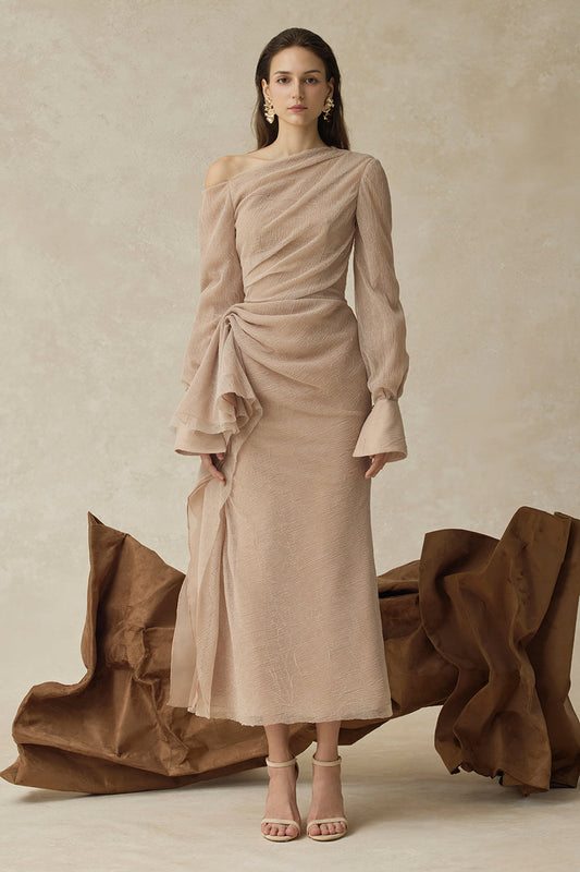 Women’s Asymmetric Draped Midi Dress with Ruched Long Sleeves