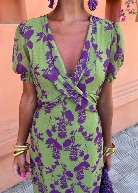 Women's Floral Midi Dress with Wrap V-Neckline and Puff Sleeves