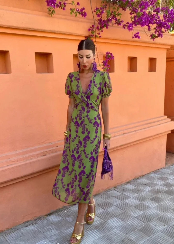 Women's Floral Midi Dress with Wrap V-Neckline and Puff Sleeves