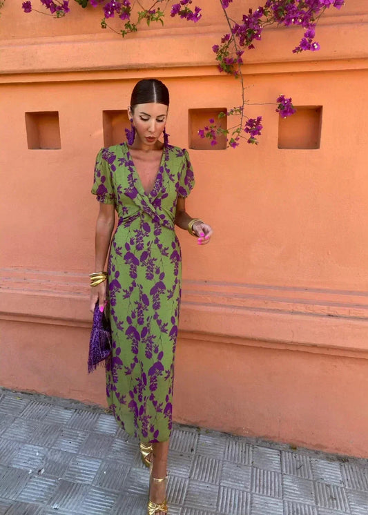 Women's Floral Midi Dress with Wrap V-Neckline and Puff Sleeves