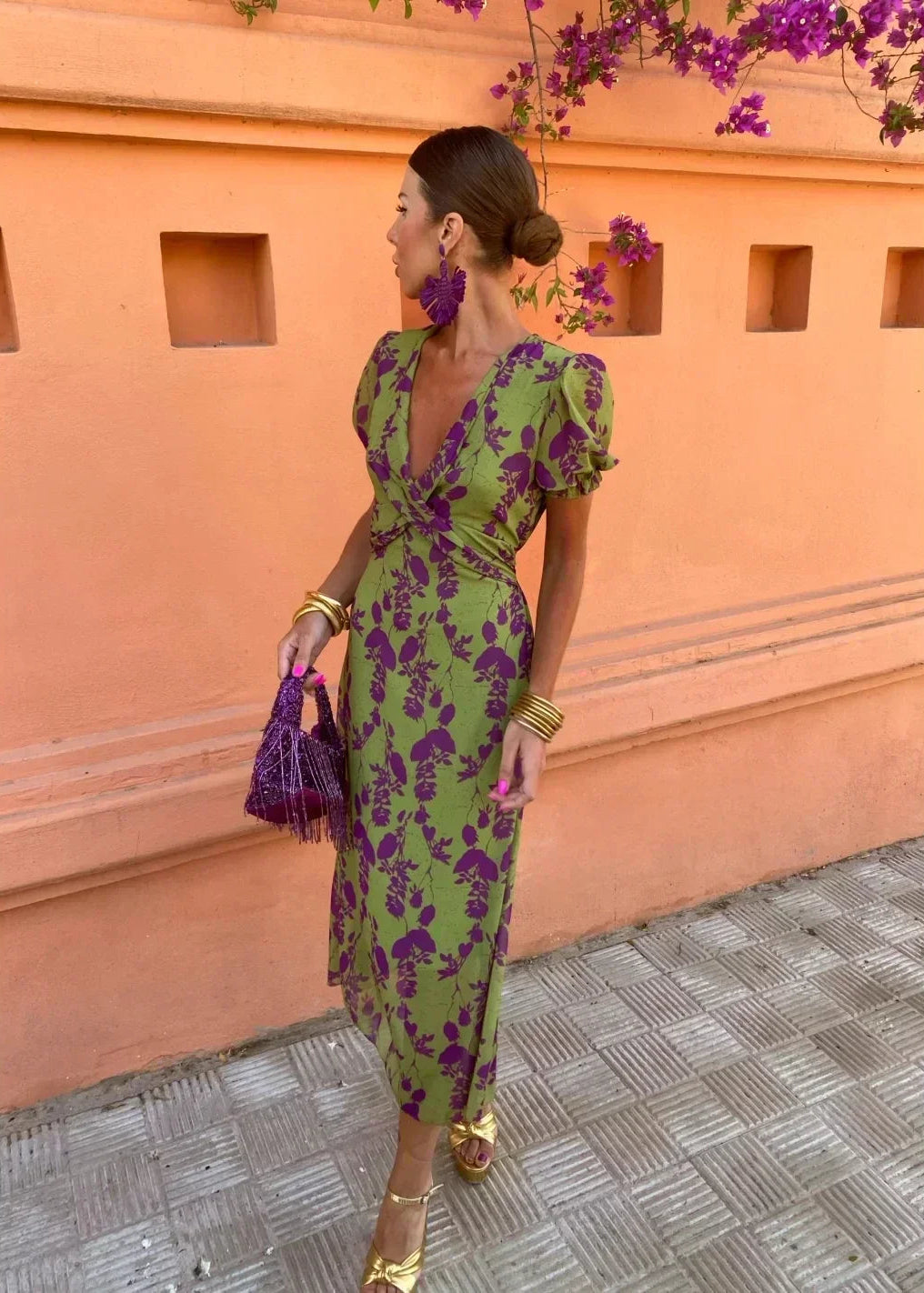 Women's Floral Midi Dress with Wrap V-Neckline and Puff Sleeves