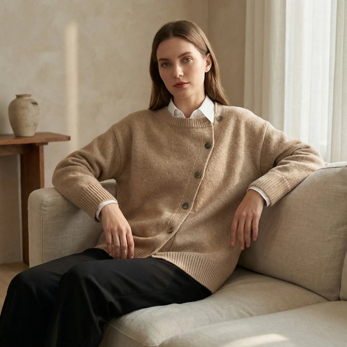 Women's Wrap Knit Cardigan with Asymmetric Button Detail