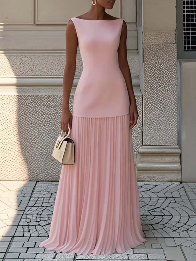 Women’s Maxi Dress with Bateau Neckline and Pleated Drop-Waist Skirt