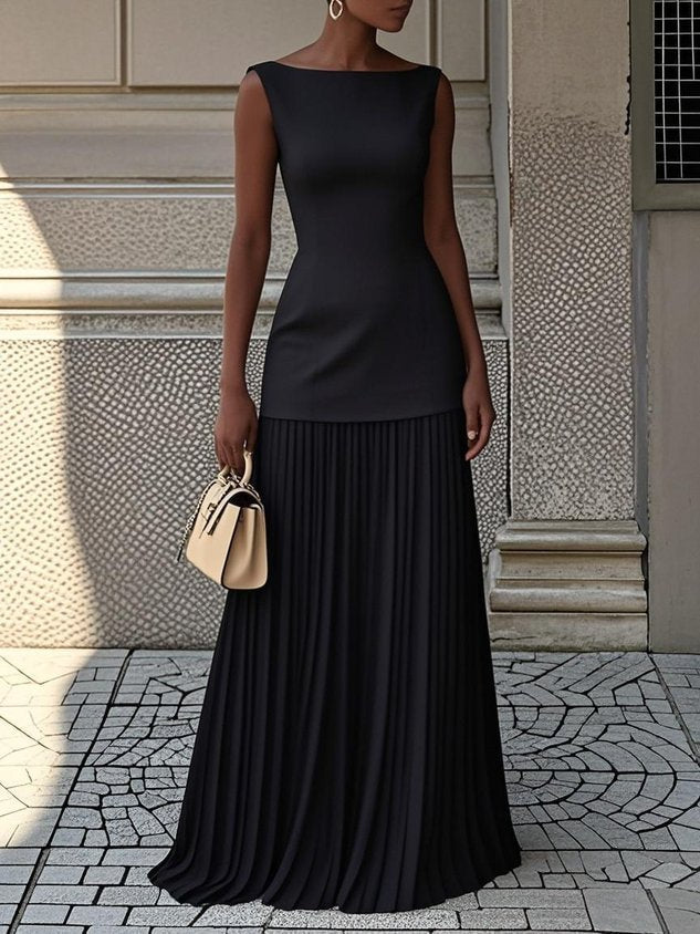 Women’s Maxi Dress with Bateau Neckline and Pleated Drop-Waist Skirt