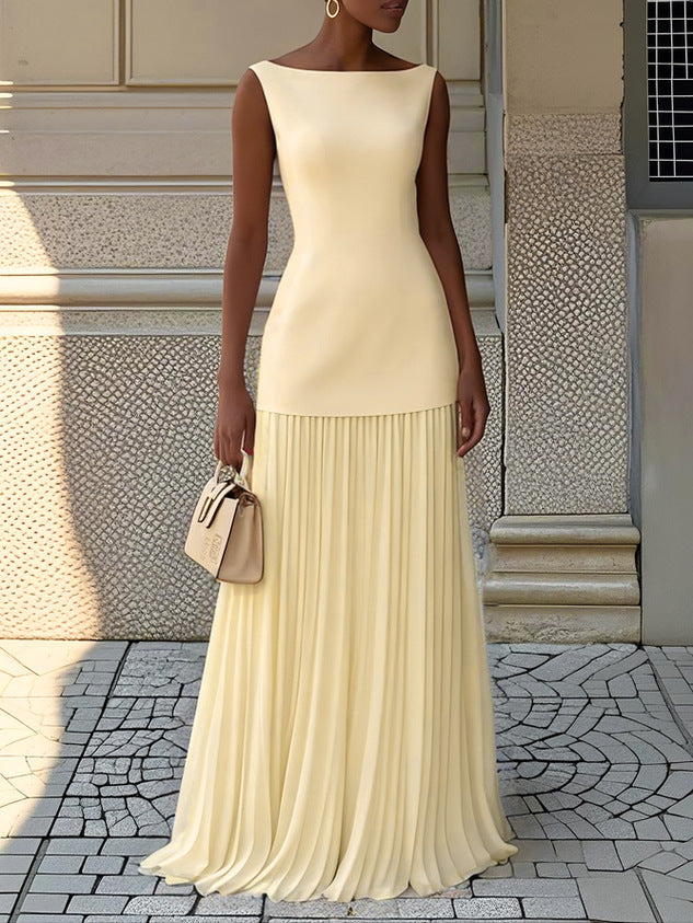 Women’s Maxi Dress with Bateau Neckline and Pleated Drop-Waist Skirt